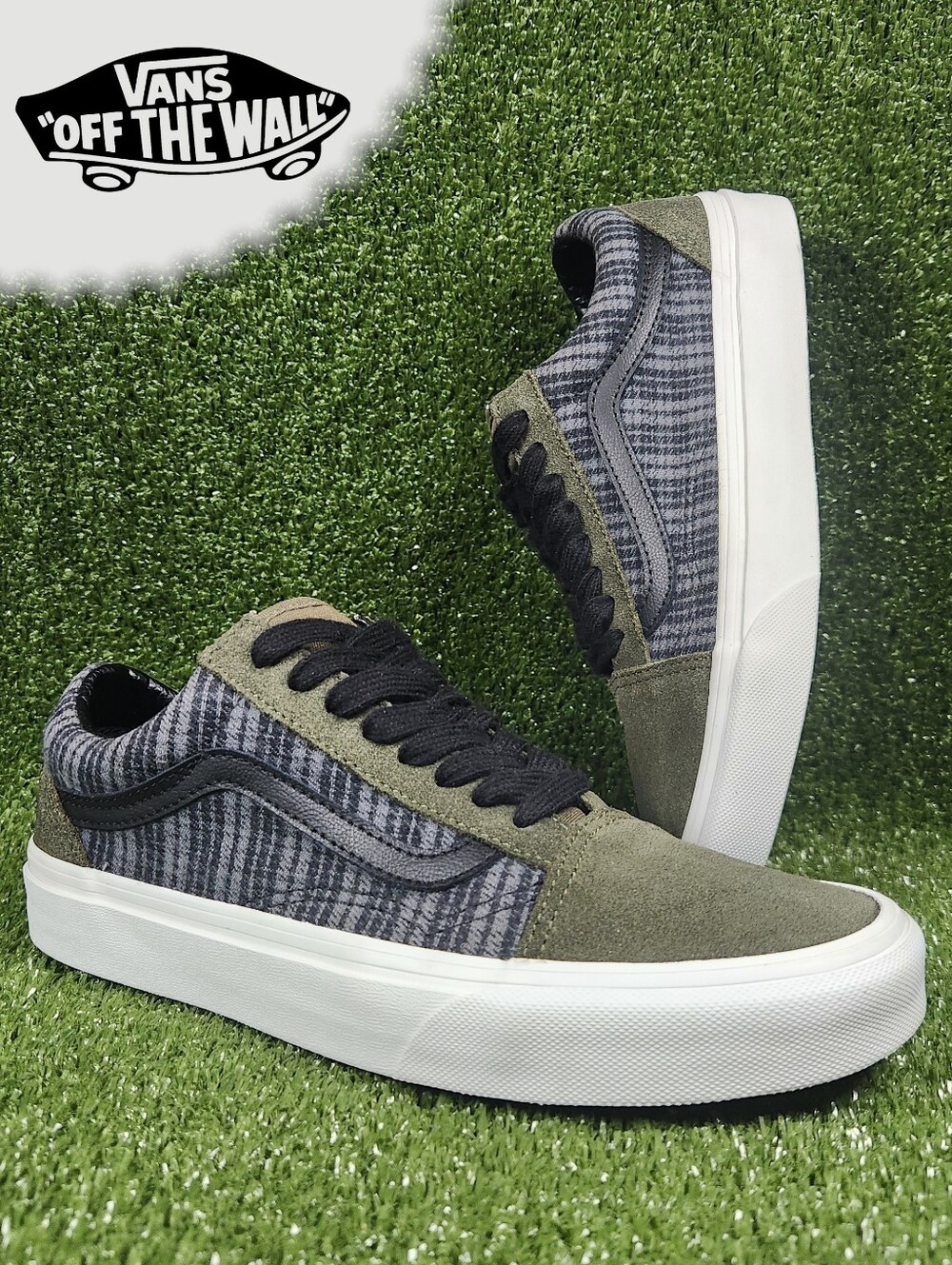 Vans Women's Classic Old Skool Black Olive Green Leather Sneakers Shoes Size 8
